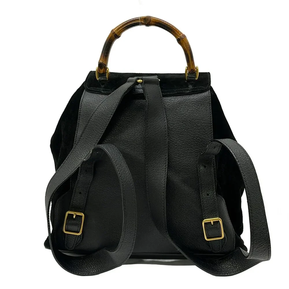 Gucci Bamboo Backpack Black Brown Suede Leather
